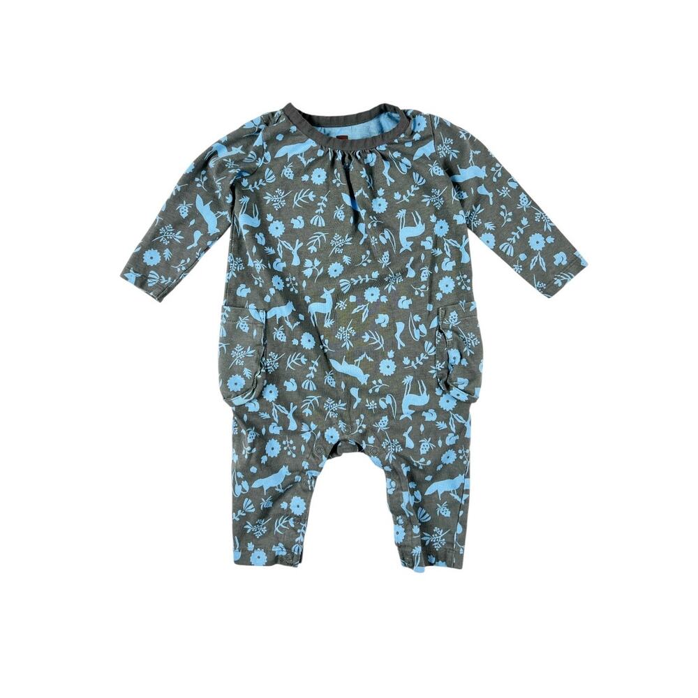 Tea Collection Flora and Fauna Pocket Romper Blue Gray 6-9 Months
